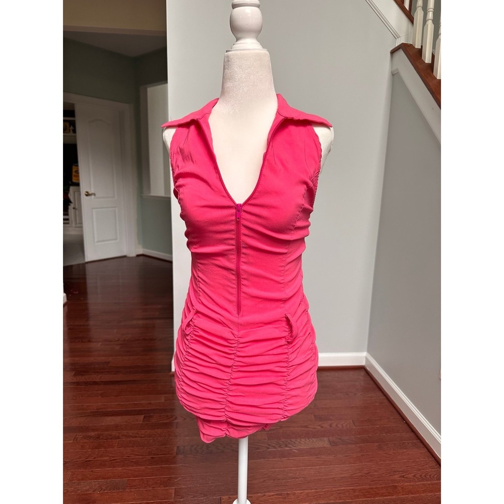 Vintage 2000s Y2K‎ Sabore Pink Ruched Plunge Collared Mini Dress